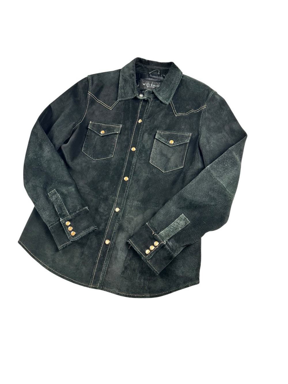 Vintage Willi Smith Black Distressed Leather Western Pearl Snap Cowgirl Shirt M - Picture 6 of 12